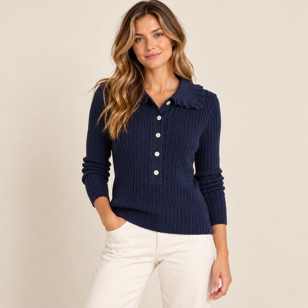 J.Crew Ruffle Collar Sweater Tee in Merino Wool Navy Blue Size Small NWOT